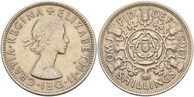 Великобритания 2 шиллинга (флорин) 1965 Елизавета II (1952-2022) KM 906, Spink 4146 медно-никель 4149-831