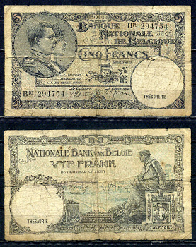 Бельгия 5 франков 1938 19.04.1938, Король Альберт I и его жена Королева Елизавета, Гран-Плас / Гроте Маркт, Брюссель Pick 108 a бумага 6301-24-1-1