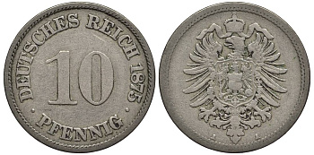 ГЕРМАНИЯ 10 ПФЕННИГОВ 1875 A, СТАРОГЕРБОВКА KM 4, Jager 4, Weege 7 медно-никель 4546-1121
