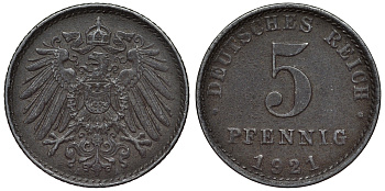 Германия 5 пфеннигов 1921 A KM 19, J. 297, Weege 5 железо 4118-1125