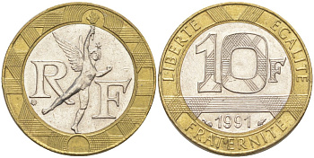 Франция 10 франков 1991 тип гений Бастилии KM 964.1, Le Frank 375.6 биметалл 4519-257