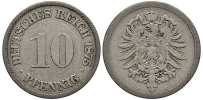 ГЕРМАНИЯ 10 ПФЕННИГОВ 1875 A, СТАРОГЕРБОВКА KM 4, Jager 4, Weege 7 медно-никель 4546-1121