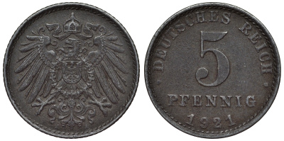 Германия 5 пфеннигов 1921 A KM 19, J. 297, Weege 5 железо 4118-1125
