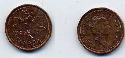 Канада 1 цент 1993 Елизавета II (1952-2022), кленовый лист KM 181 бронза 54-149