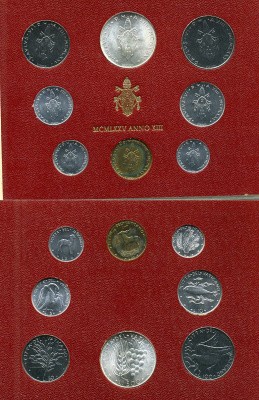 Ватикан набор из 8 монет 1975 1, 2, 5, 10, 20, 50, 100, 500 лир, в оригинальном буклете KM MS79 серебро UNC 8-1-01-22