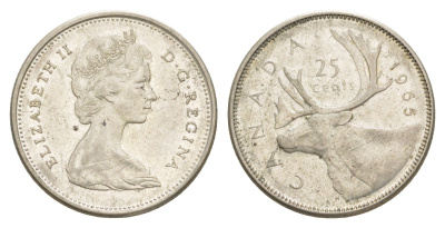 Канада 25 центов 1965 Елизавета II (1952-2022), олень KM 62 серебро 4541-953