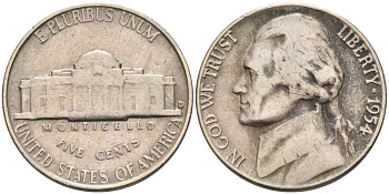 США 5 центов 1954 D, Джефферсон KM А192 медно-никель 92-1024