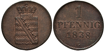 Саксония 1 пфенниг 1838 Фридрих Август II (1797-1854), из коллекции Gerhart Rother KM 1135, AKS 111 медь UNC 413-4741