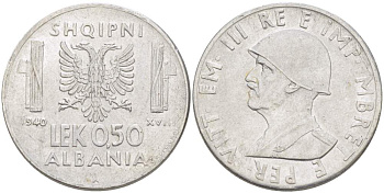 Албания 0,50 лека 1940 R, Итальянская оккупация KM 30 нержавеющая сталь 4523-412