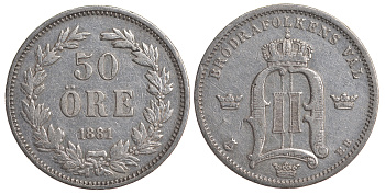Швеция 50 эре 1881 EB, Оскар II (1872-1907) король Швеции и Норвегии KM 740 серебро 4179-917