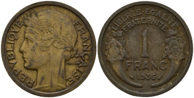 Франция 1 франк 1936 тип Morlon KM 885 алюминиевая бронза 4156-713