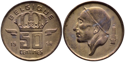 БЕЛЬГИЯ 50 САНТИМОВ 1958 BELGIQUE KM 148.1 бронза 4392-825