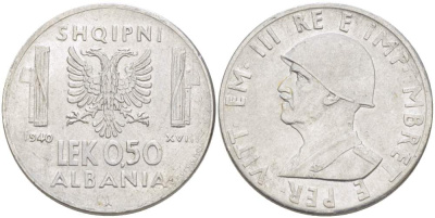 Албания 0,50 лека 1940 R, Итальянская оккупация KM 30 нержавеющая сталь 4523-412