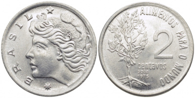 БРАЗИЛИЯ 2 СЕНТАВО 1975 FAO, ГОЛОВА СВОБОДЫ KM 586 нержавеющая сталь UNC 105-1258