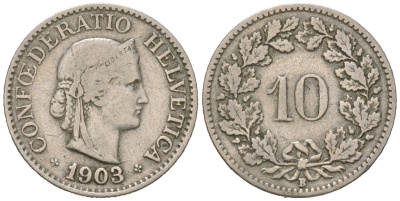 Швейцария 10 раппенов 1903 B KM 27 медно-никель 4164-915