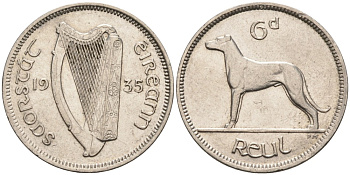 Ирландия 6 пенсов 1935 собака, мрландский волкодав KM 5 никель 202-1131