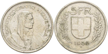 Швейцария 5 франков 1968 В, первый год KM 40а.1 медно-никель 215-742