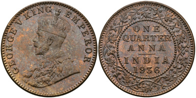 Британская Индия 1/4 анна 1936 Георг V (1910-1936) KM 512 бронза UNC 94-217