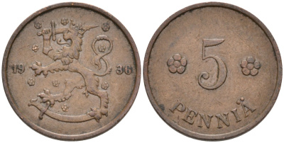 ФИНЛЯНДИЯ 5 ПЕННИ 1936 KM 22 медь 192-1252