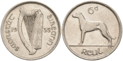 Ирландия 6 пенсов 1935 собака, мрландский волкодав KM 5 никель 202-1131
