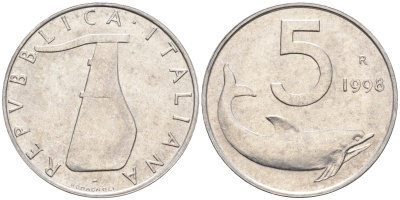 Италия 5 лир 1998 R, дельфин KM 92 алюминий  UNC  4594-956