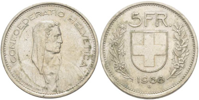 Швейцария 5 франков 1968 В, первый год KM 40а.1 медно-никель 215-742