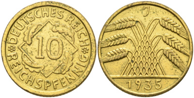 Германия 10 рейхспфеннигов 1935 J KM 40, J.317, Weege 9 алюминиевая бронза 4584-535