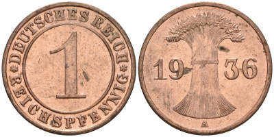 Германия 1 рейхспфенниг 1936 A KM 37, J. 313 бронза 4549-439