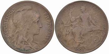 ФРАНЦИЯ 5 САНТИМОВ 1901 ТИП ДАНИЭЛЬ ДЮПЮИ KM 842, LE FRANC 119.11 бронза 108-832