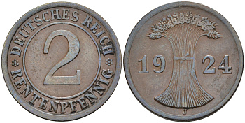 Германия 2 рентенпфеннига 1924 J KM 31, J.307 бронза    4594-848