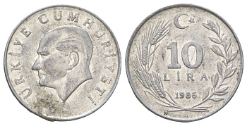 Турция 10 лир 1986 KM 964 алюминий 4628-1026