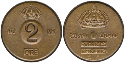 Швеция 2 эре 1960 TS, Густав VI Адольф (1950-1973) KM 821 бронза 202-641