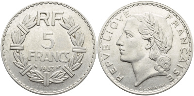 Франция 5 франков 1933 KM 888, Le Franc 336 никель 4389-1112