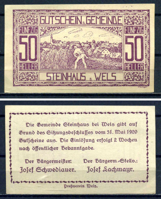 Штайнхаус-бай-Вельс (Австрия) 50 геллеров 1920 бумага UNC (пресс) 7556-31-4-2