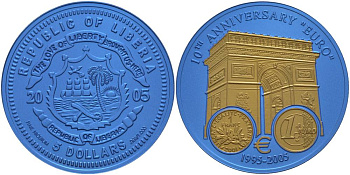 Либерия 5 долларов 2005 10 лет евро, страны еврозоны, Франция, с сертификатом, би-колор (два цвета), вес 7,78 гр., диаметр 35 мм.  ниобий  UNC  1081-7-64