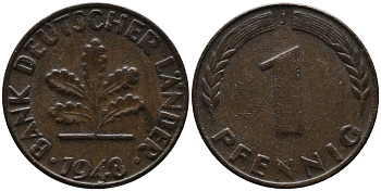 ФРГ 1 пфенниг 1948 J KM А101, J.376 сталь плакированная медью 99-238