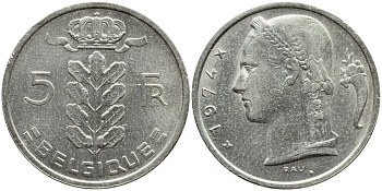 БЕЛЬГИЯ 5 ФРАНКОВ 1974 BELGIQUE KM 134.1 медно-никель 4110-822