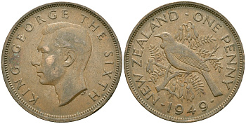 Новая Зеландия 1 пенни 1949 Георг VI (1936-1952), новозеландский туи KM 21 бронза 4364-4216