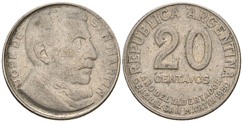 Аргентина 20 сентаво 1950 100 лет со дня смерти Хосе де Сан Мартина KM 45, CJ 228, Schon 48 медно-никель    60-927