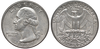 США 25 центов = квотер 1987 D, Вашингтон KM A164a медь плакированная медно-никелем 4543-927