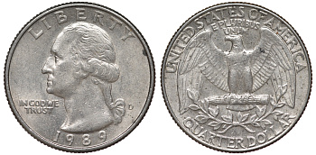 США 25 центов = квотер 1989 D, Вашингтон KM A164a медь плакированная медно-никелем 4543-334