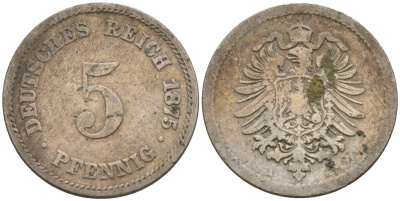 Германия 5 пфеннигов 1875 A, старогербовка KM 3, J. 3 медно-никель 4151-353
