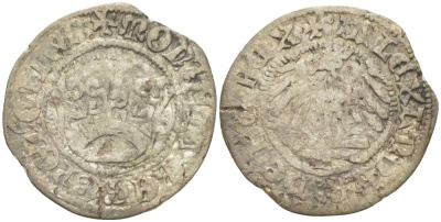 Польша 1/2 гроша (полугрош) 1501-1506 Александр I (1501-1506), вес 0,86 гр. Saurma 5283 серебро 1517-1315