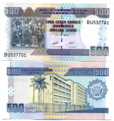 Бурунди 500 франков 2013 искусство Бурунди, Центральный банк, Бужумбура Pick 45с бумага UNC (пресс) 448-134-2