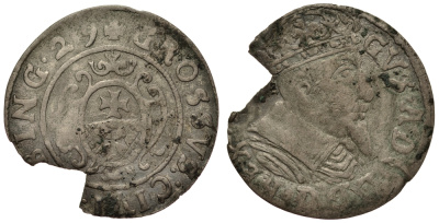 Польша, Эльблонг 1 грош 1629 (16)29, Густав Адольф, шведская оккупация (1626-1636), вес 0,65 гр. KM 24 серебро 1516-1224