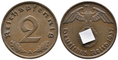 ГЕРМАНИЯ 2 РЕЙХСПФЕННИГА 1937 A KM 90, J. 362 бронза 24-754