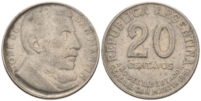 Аргентина 20 сентаво 1950 100 лет со дня смерти Хосе де Сан Мартина KM 45, CJ 228, Schon 48 медно-никель    60-927