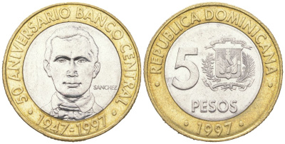 Доминиканская республика 5 песо 1997 50 лет центральному банку KM 88 биметалл 4364-155