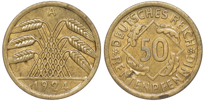 Германия 50 рентенпфеннигов 1924 A J. 310, KM 34 алюминиевая бронза aUNC 1522-745