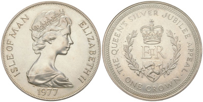 Остров Мэн 1 крона 1977 25 лет правления Королевы Елизаветы II, монограмма ERII KM 42 медно-никель BU 00-1067-2-21